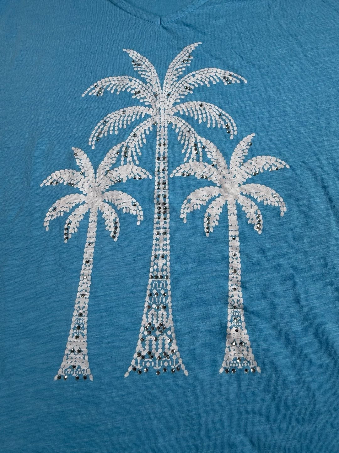 Coral Bay Palm Tree V-Neck T-Shirt Size XL Blue Cotton Rhinestone 3