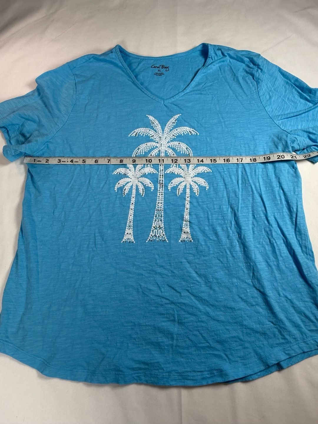 Coral Bay Palm Tree V-Neck T-Shirt Size XL Blue Cotton Rhinestone 5