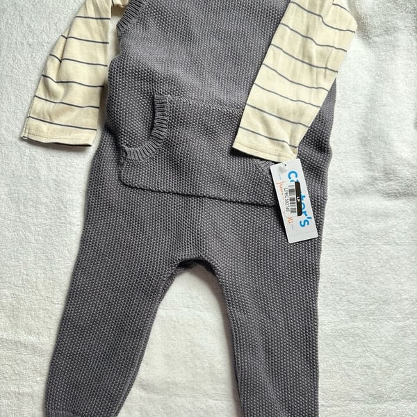 Carter's Knit Overalls and Shirt Set Size 12m Gray Pocket 2-Piece