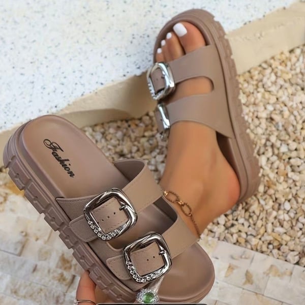 Thick Soled Double Strap Slide Sandals Taupe Rhinestone Buckles