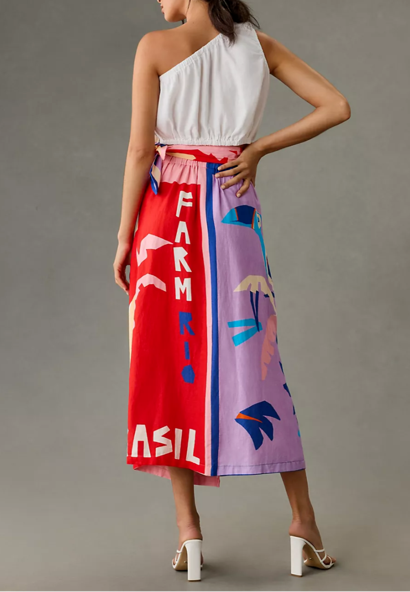 Farm Rio Brasil Bahia Scarves Linen Midi Skirt Multi Colorful 9
