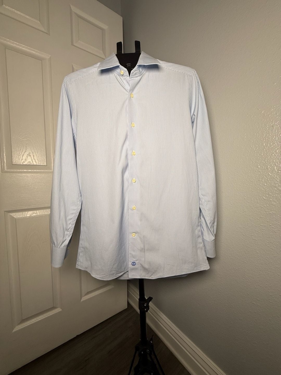 David Donahue Dress Shirt Blue White Striped Cotton Long Sleeve Trim 2