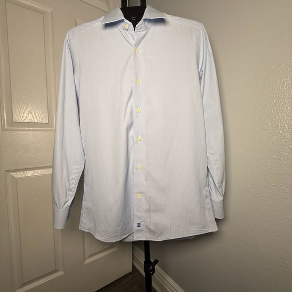 David Donahue Dress Shirt Blue White Striped Cotton Long Sleeve Trim
