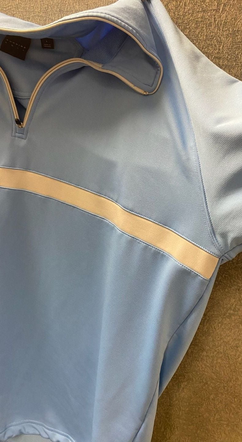 Dunning Golf - Half Zip Airy Blue Nylon throw over.  Timber Banks Logo on the sleeve.  7