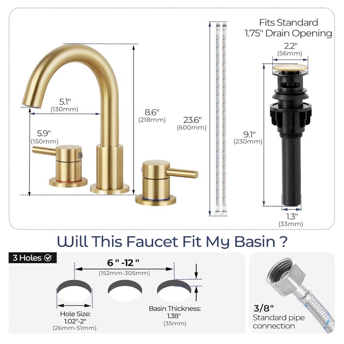 Brushed Gold Widespread Bathroom Faucet 3-Hole Sink Mixer Tap 6