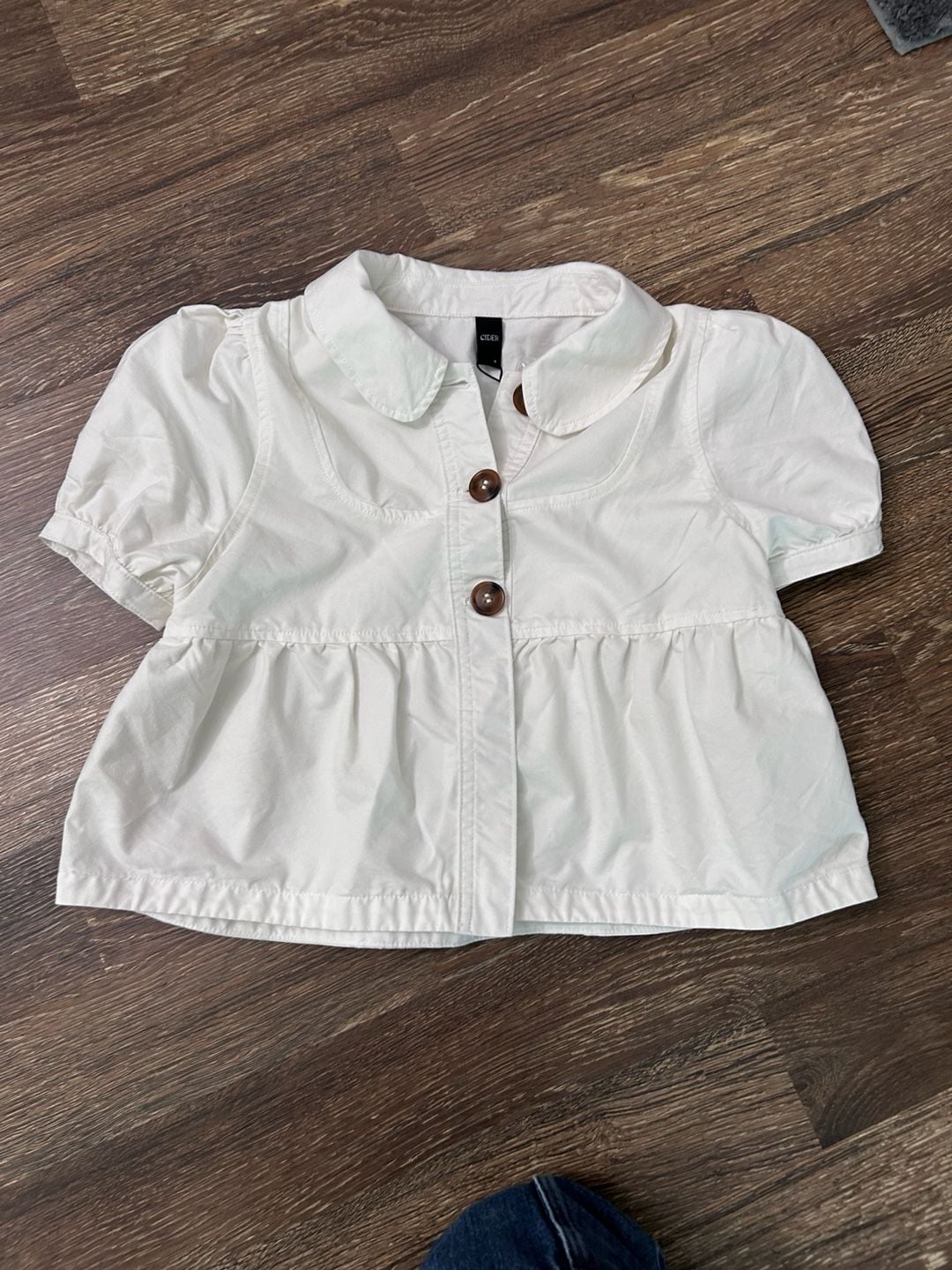 Cider Peter Pan Collar Peplum Blouse Size S White Short Puff Sleeve 2