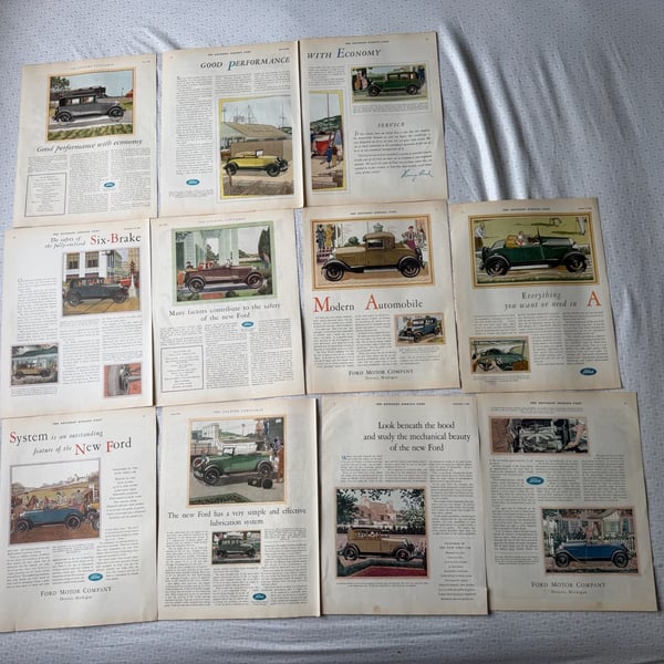 Vintage 1928 1929 Ford Model A Magazine Print Ad Lot 11 Pieces Car Art Decor