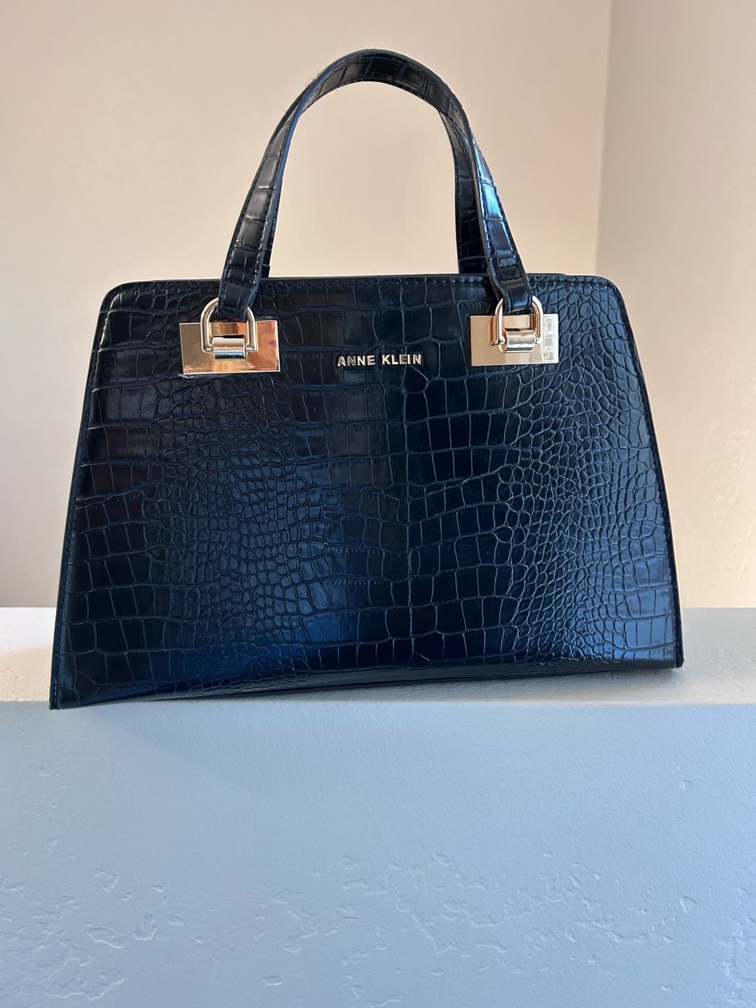 Anne Klein Black Croc Embossed Satchel Handbag 2