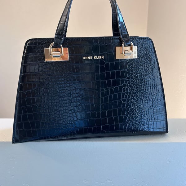 Anne Klein Black Croc Embossed Satchel Handbag