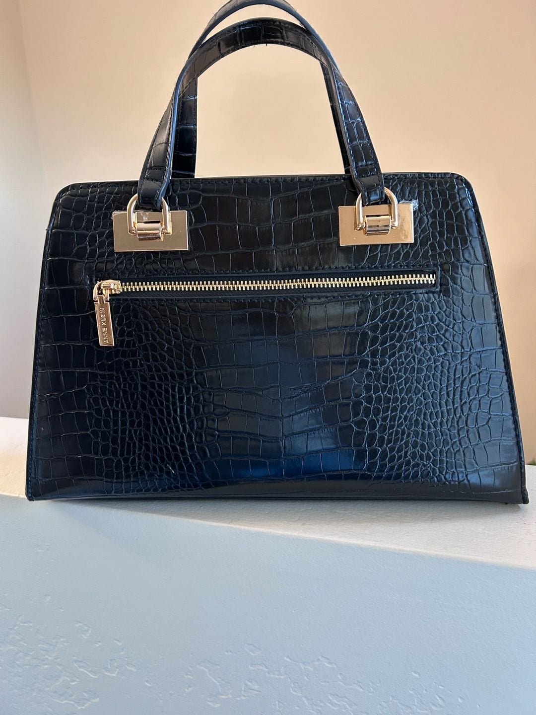 Anne Klein Black Croc Embossed Satchel Handbag 4