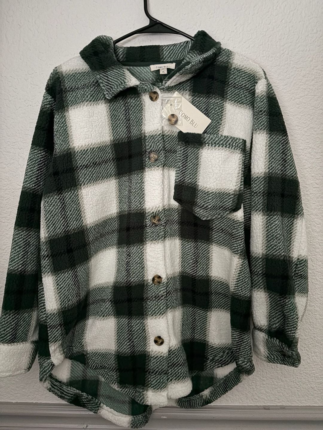 Como Blu Plaid Sherpa Shacket Green White 2