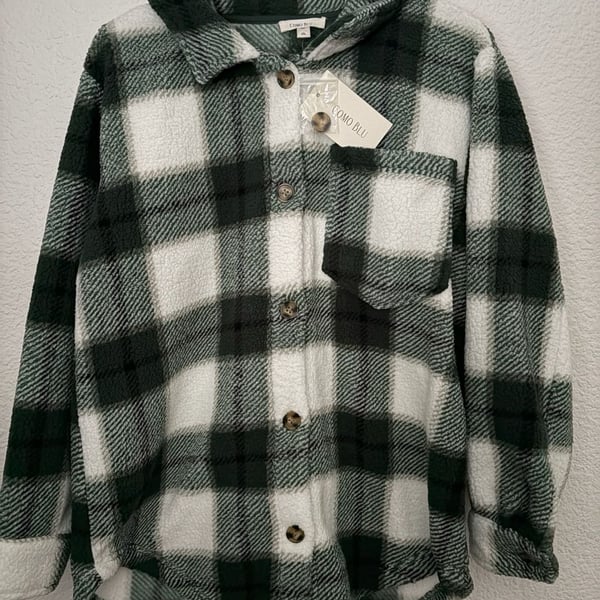 Como Blu Plaid Sherpa Shacket Green White