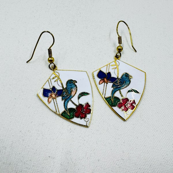 Vintage Cloisonne Bird & Floral Dangle Earrings Shield Shape