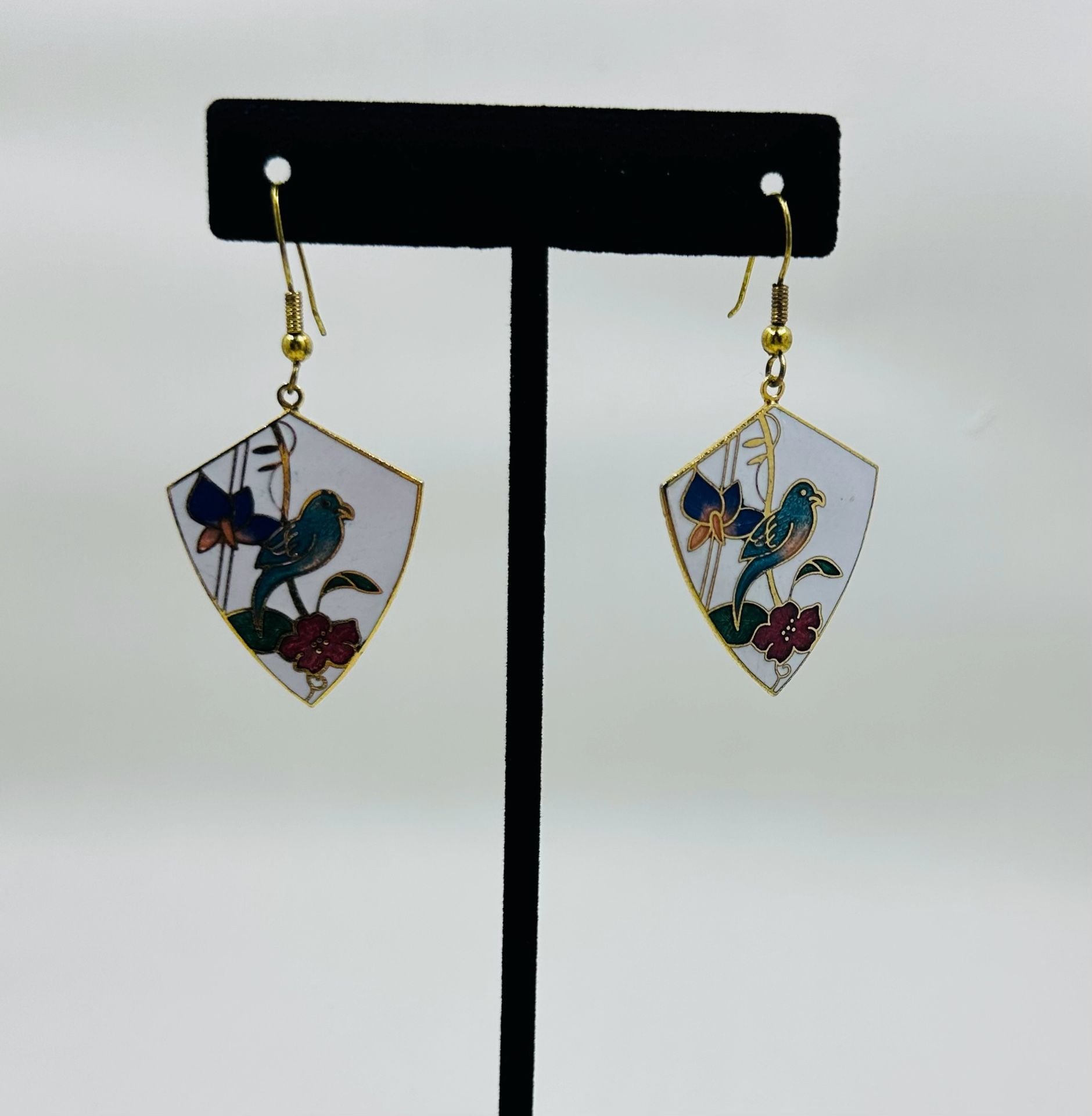 Vintage Cloisonne Bird & Floral Dangle Earrings Shield Shape 7