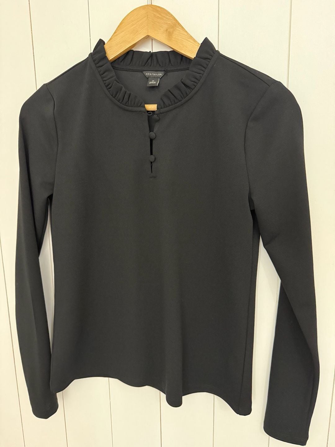 Ann Taylor Ruffle Neck Top Size XS Black Long Sleeve Blouse 2