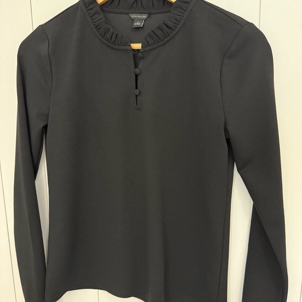 Ann Taylor Ruffle Neck Top Size XS Black Long Sleeve Blouse