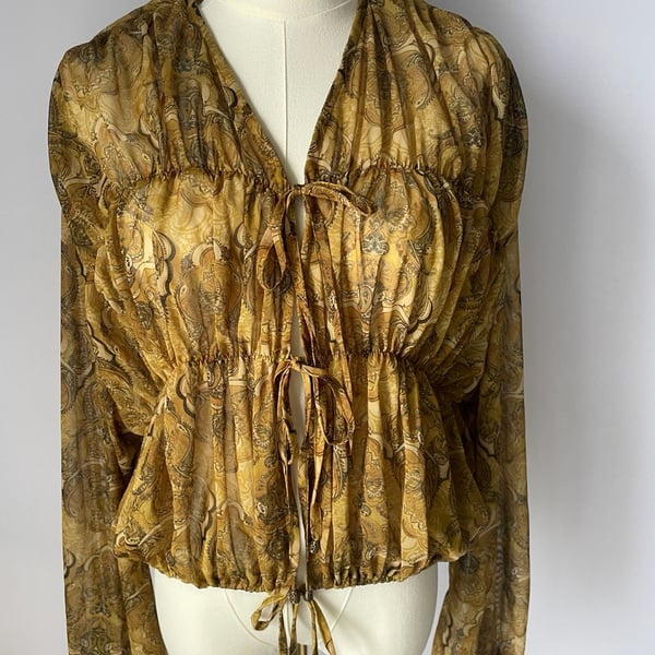 Zara Gold Paisley Mesh Tie Blouse