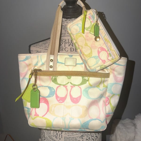 Vintage Coach Pastel Scribble Logo Square Shoulder Purse & Matching Wristlet