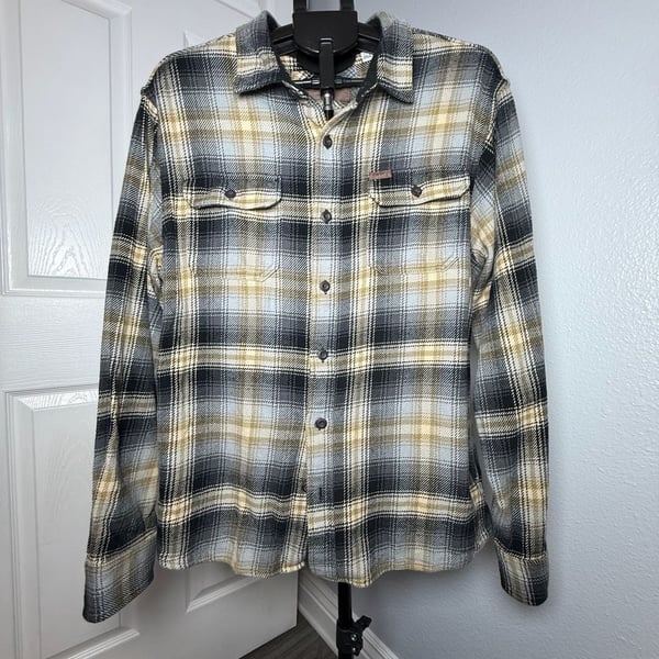 Orvis Plaid Flannel Shirt Size Large Grey Black Yellow Long Sleeve