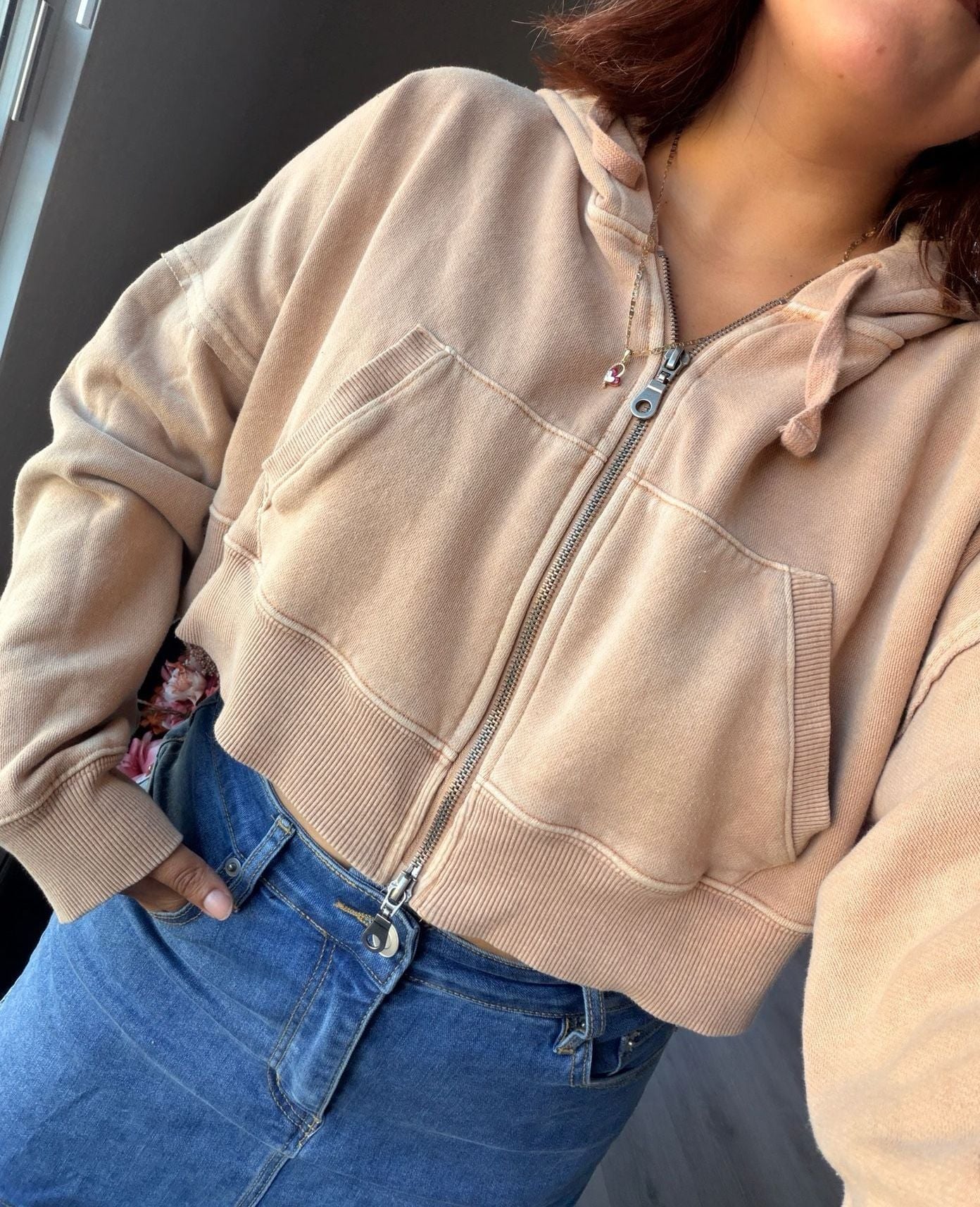 Aeropostale Cropped Zip Up Hoodie Size L Tan 3