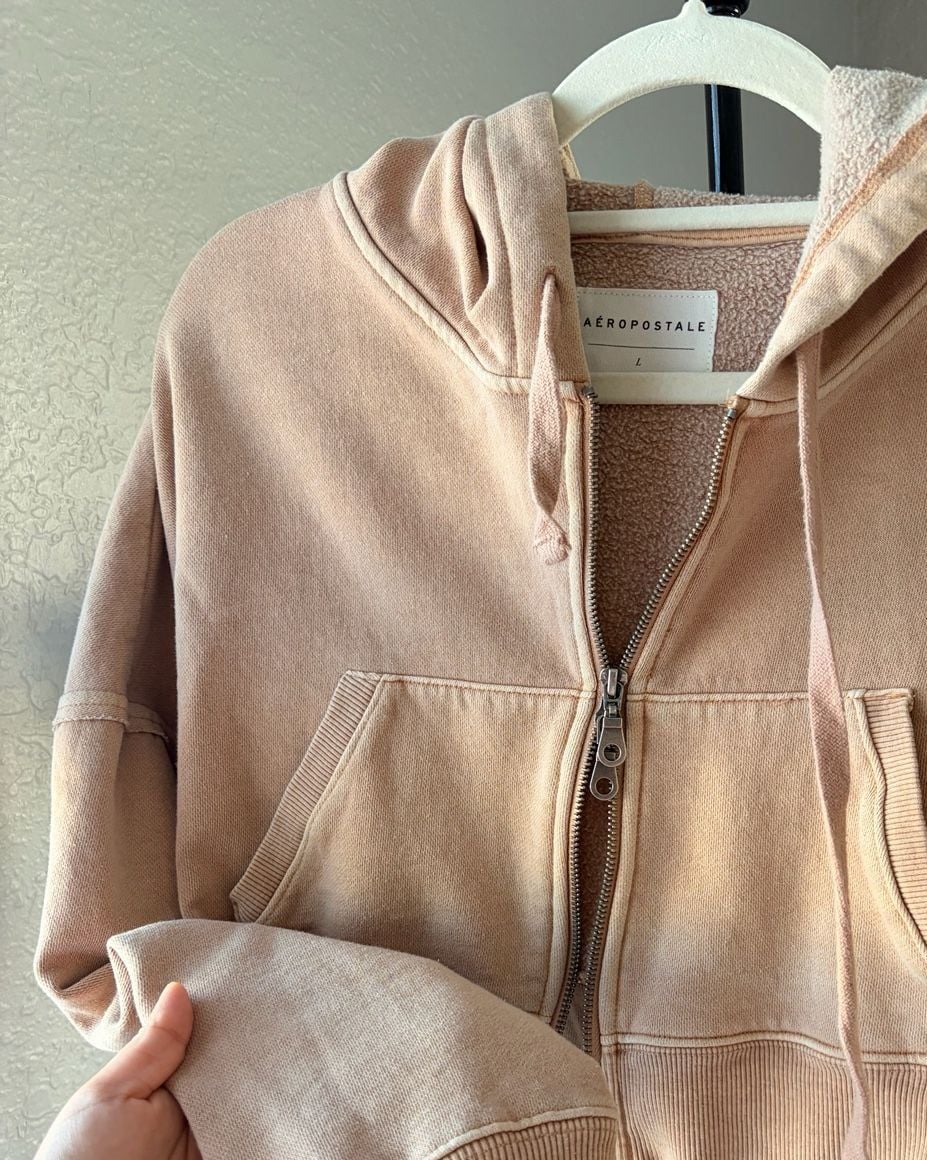 Aeropostale Cropped Zip Up Hoodie Size L Tan 4
