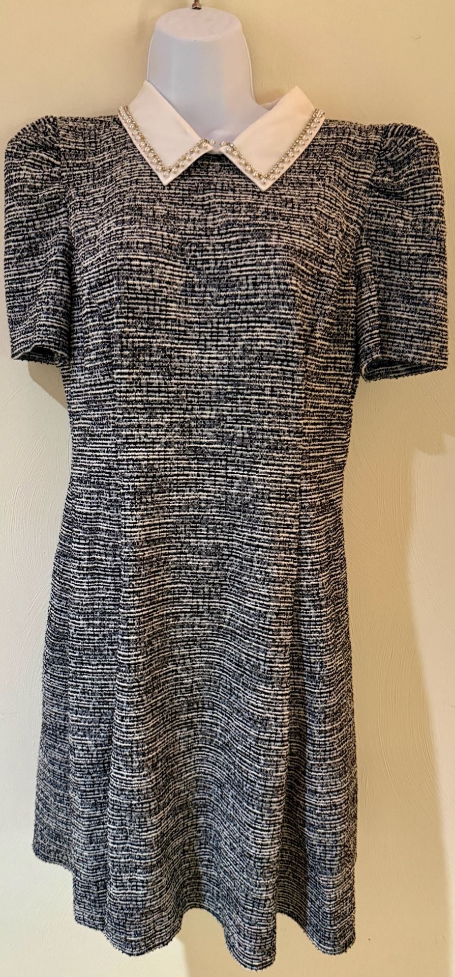 Karl Lagerfeld Paris Dress Tweed Black White Pearl Collar Fit Flare Puff Sleeve 2
