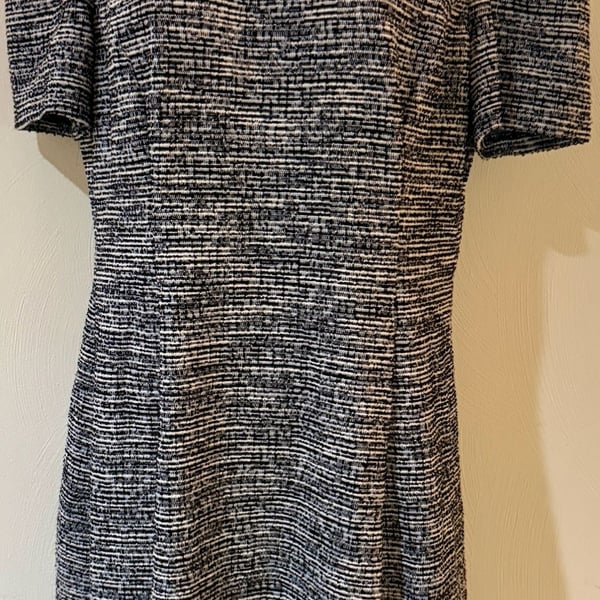 Karl Lagerfeld Paris Dress Tweed Black White Pearl Collar Fit Flare Puff Sleeve