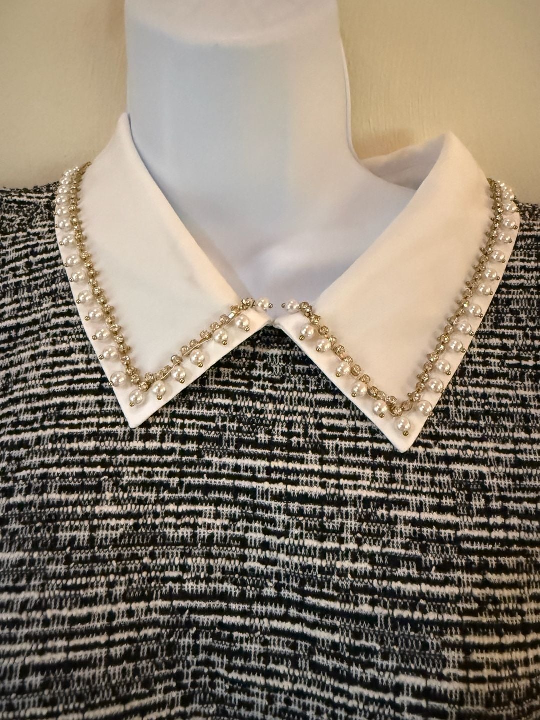 Karl Lagerfeld Paris Dress Tweed Black White Pearl Collar Fit Flare Puff Sleeve 3