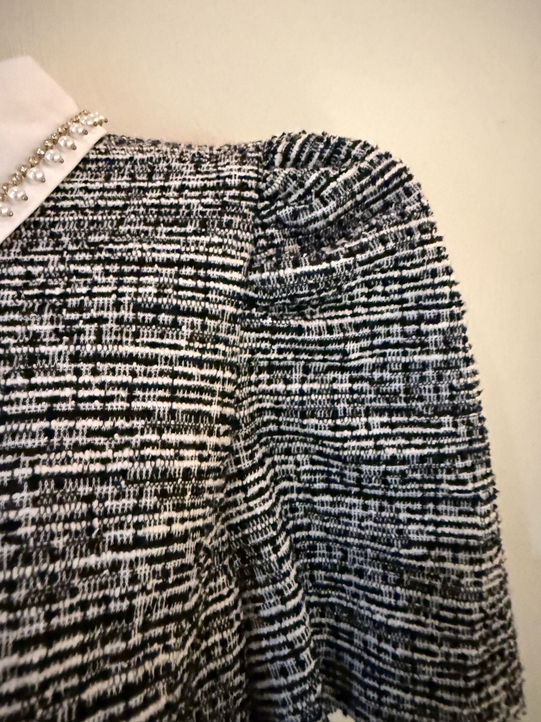 Karl Lagerfeld Paris Dress Tweed Black White Pearl Collar Fit Flare Puff Sleeve 4