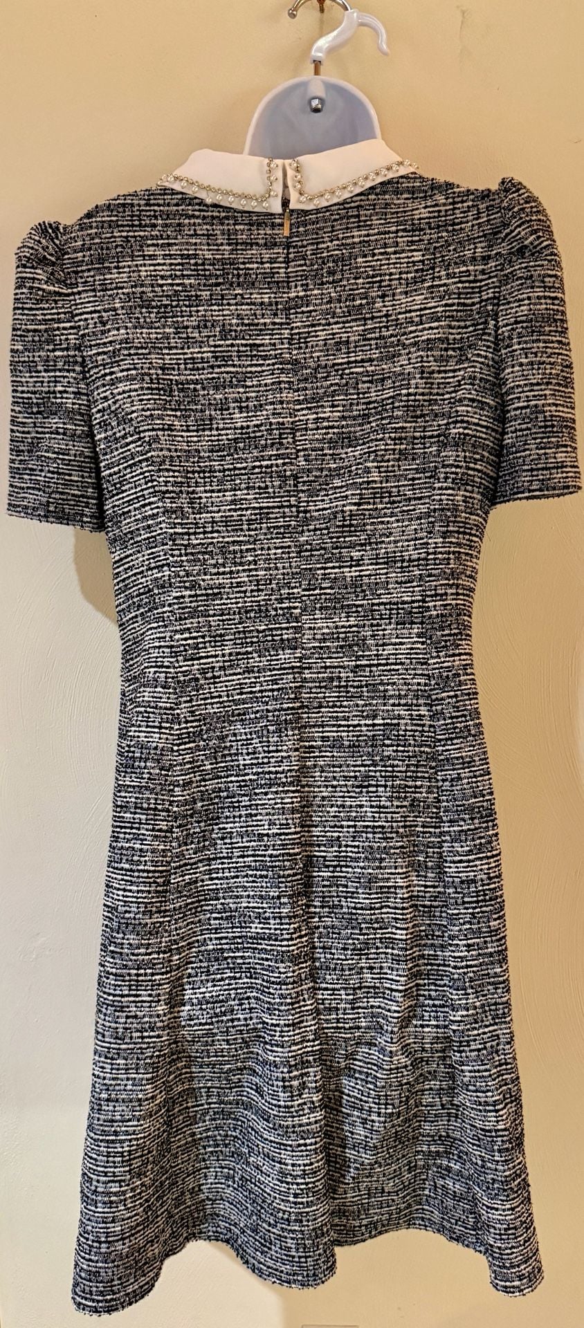 Karl Lagerfeld Paris Dress Tweed Black White Pearl Collar Fit Flare Puff Sleeve 6