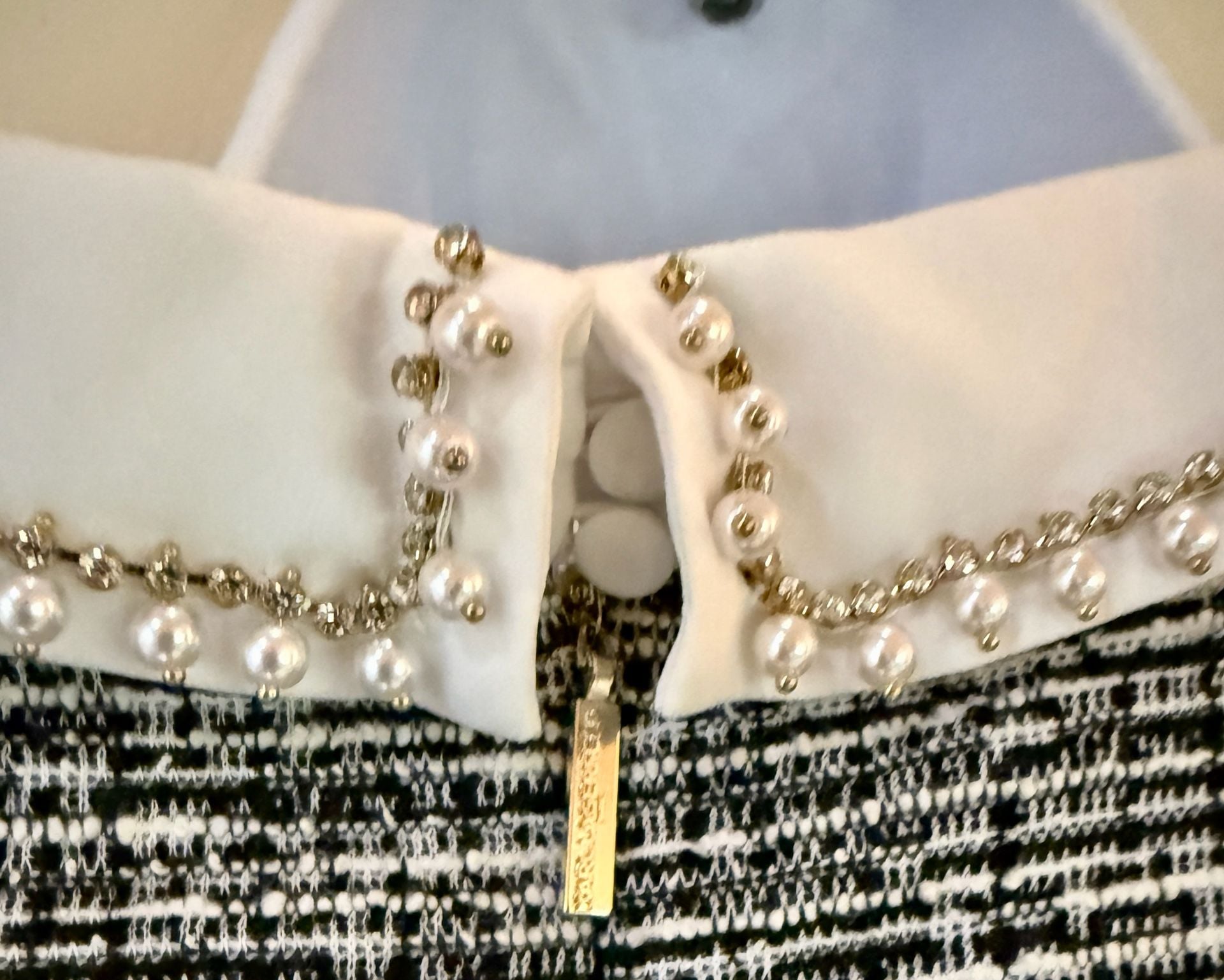 Karl Lagerfeld Paris Dress Tweed Black White Pearl Collar Fit Flare Puff Sleeve 7
