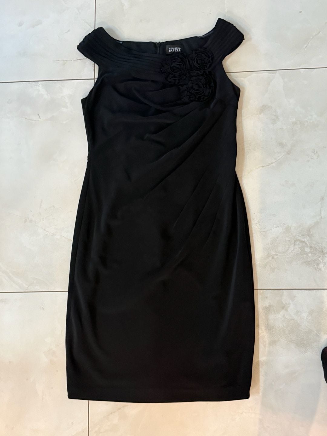 Adrianna Papell Black Off-The-Shoulder Ruched Sheath Dress with Rosette Details 5