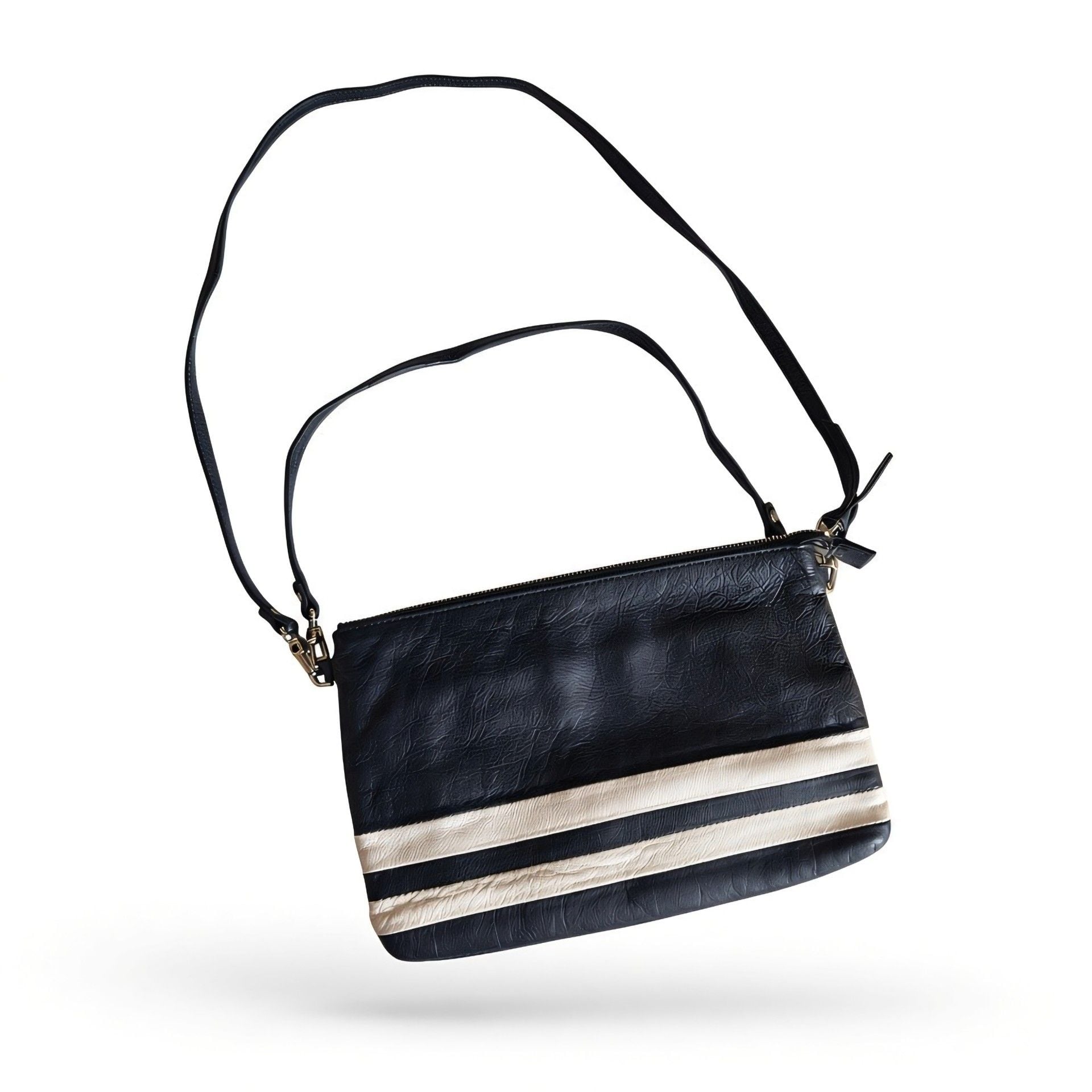 CAROLL Paris Genuine Cowhide Leather Navy Ivory Stripe Shoulder Crossbody Bag 2