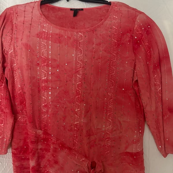 Sami & Jo Blouse Size L Red Sequins Tie Dye Tunic Top