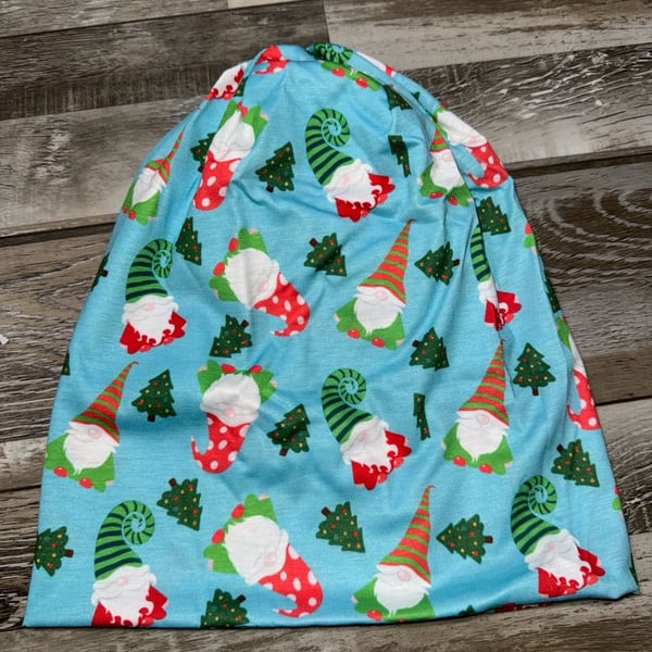 Christmas Gnome Slouchy Beanie Hat Blue Holiday Trees