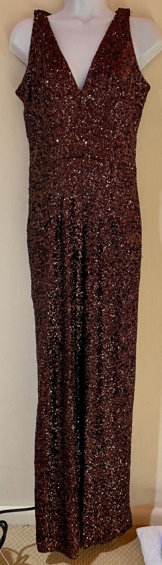 Dress The Population Charlie Jumpsuit L Bronze Sequin Wide Leg Plunge V Nec 2