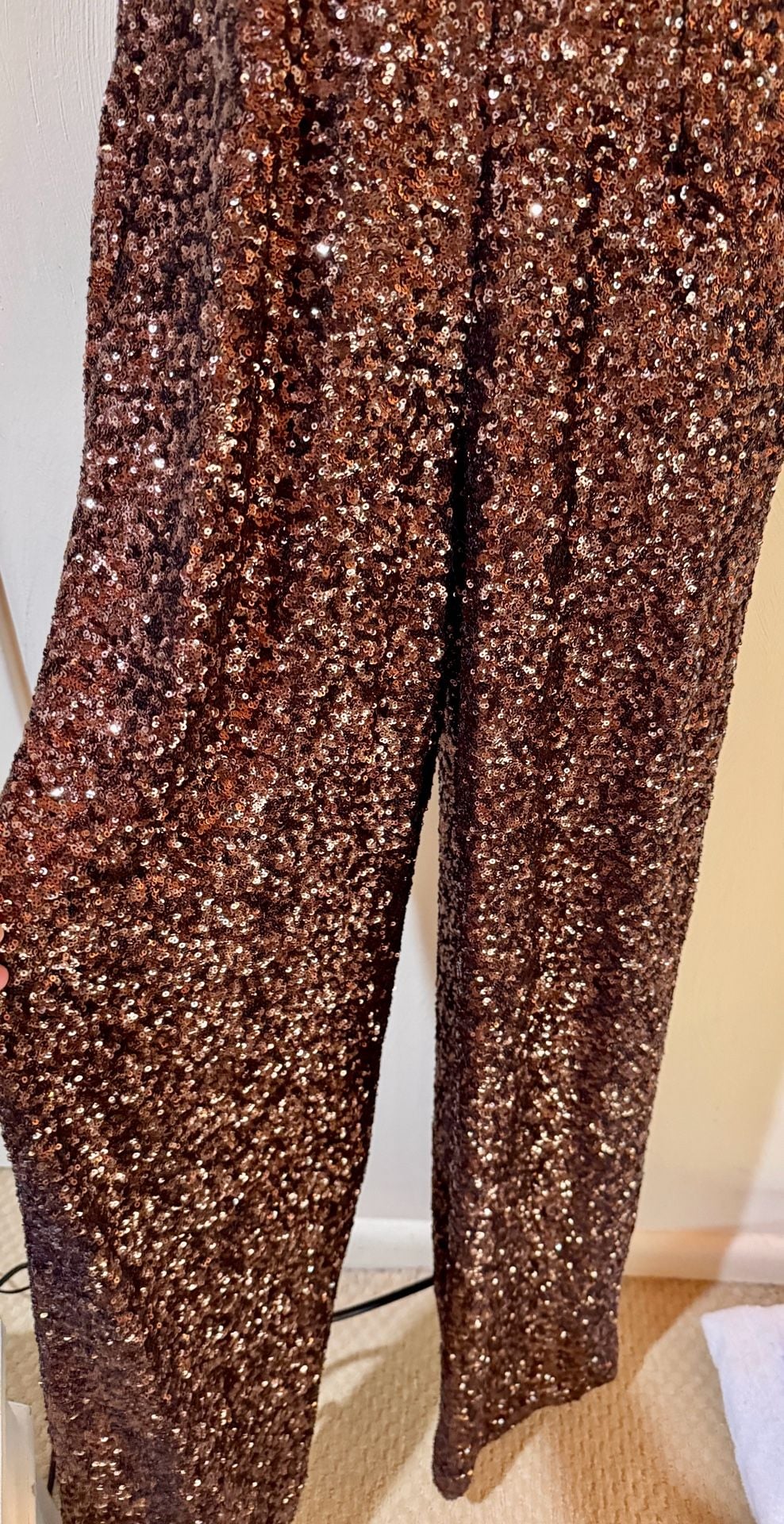 Dress The Population Charlie Jumpsuit L Bronze Sequin Wide Leg Plunge V Nec 3