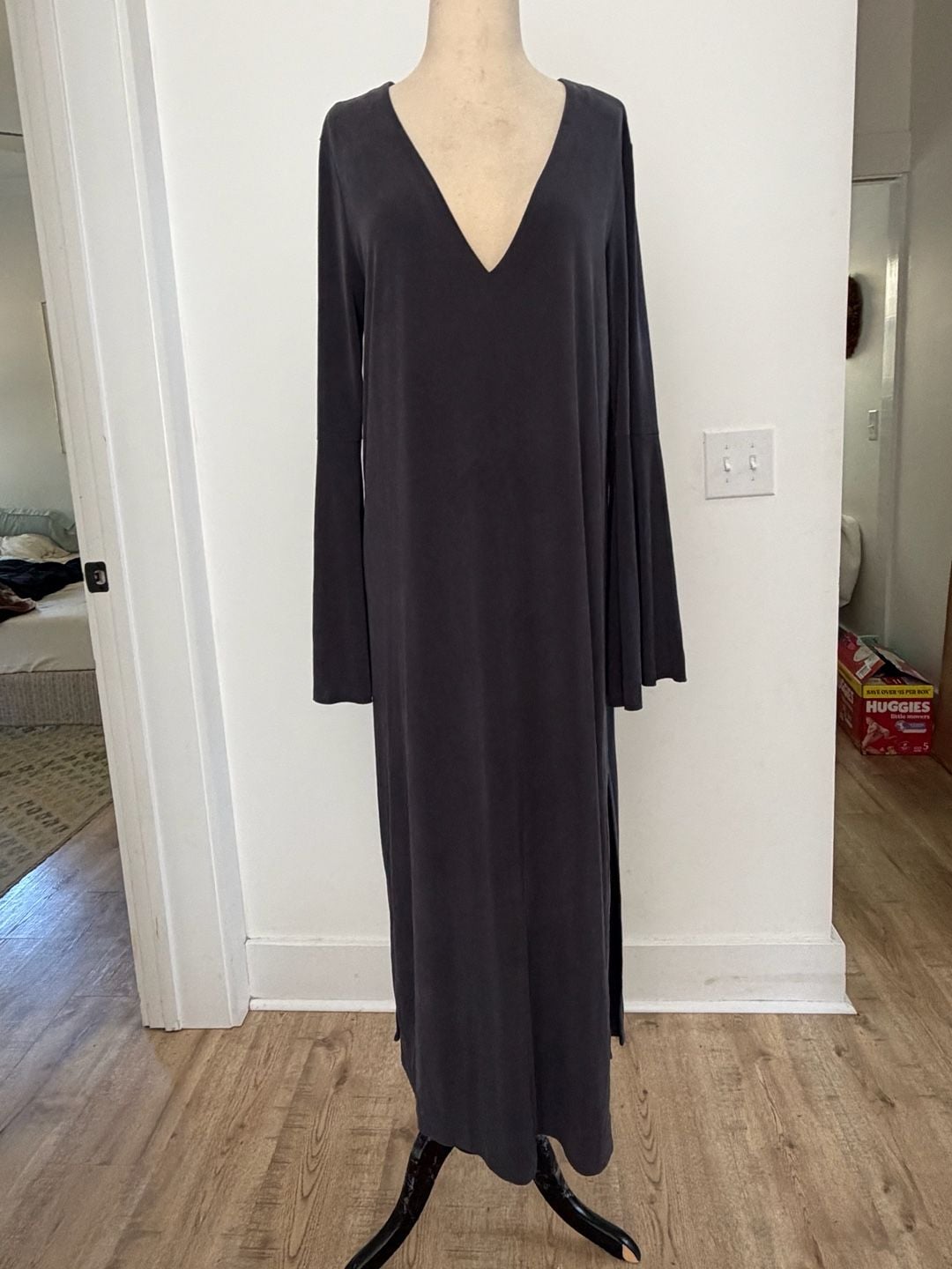 Free People Fine Romance Gray Black Cutout Back Slit Dress XS 5