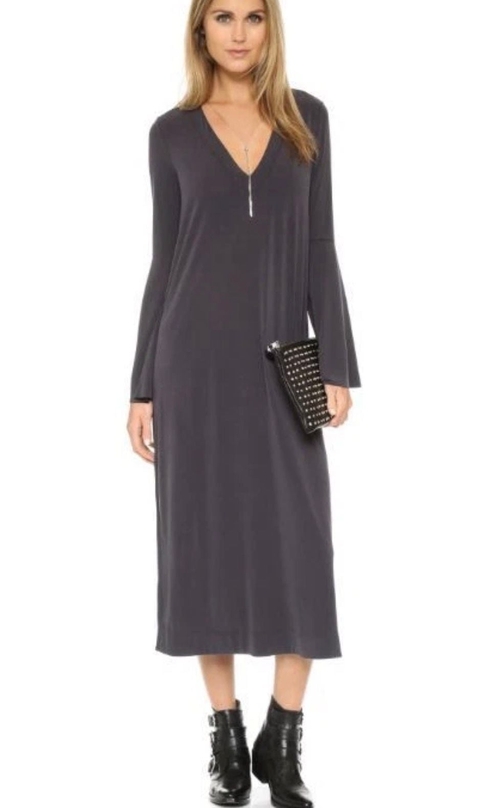 Free People Fine Romance Gray Black Cutout Back Slit Dress XS 8