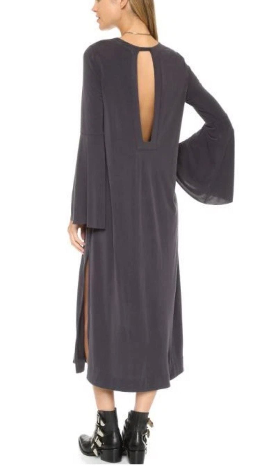 Free People Fine Romance Gray Black Cutout Back Slit Dress XS 9