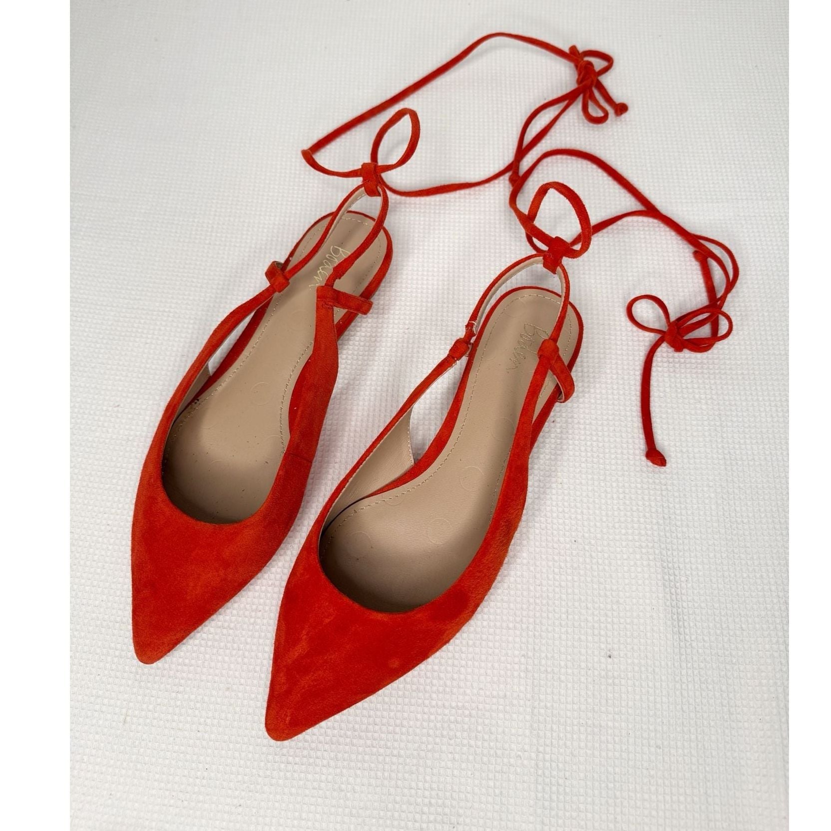 Boden Ankle Tie Pointed Flats Red Suede Size 37/6.5 7