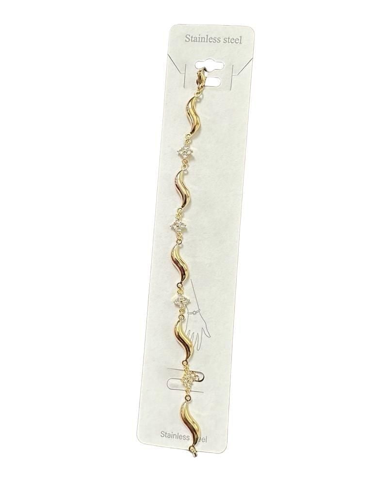 Stainless Steel Gold Wavy CZ Charm Bracelet - Gold 5