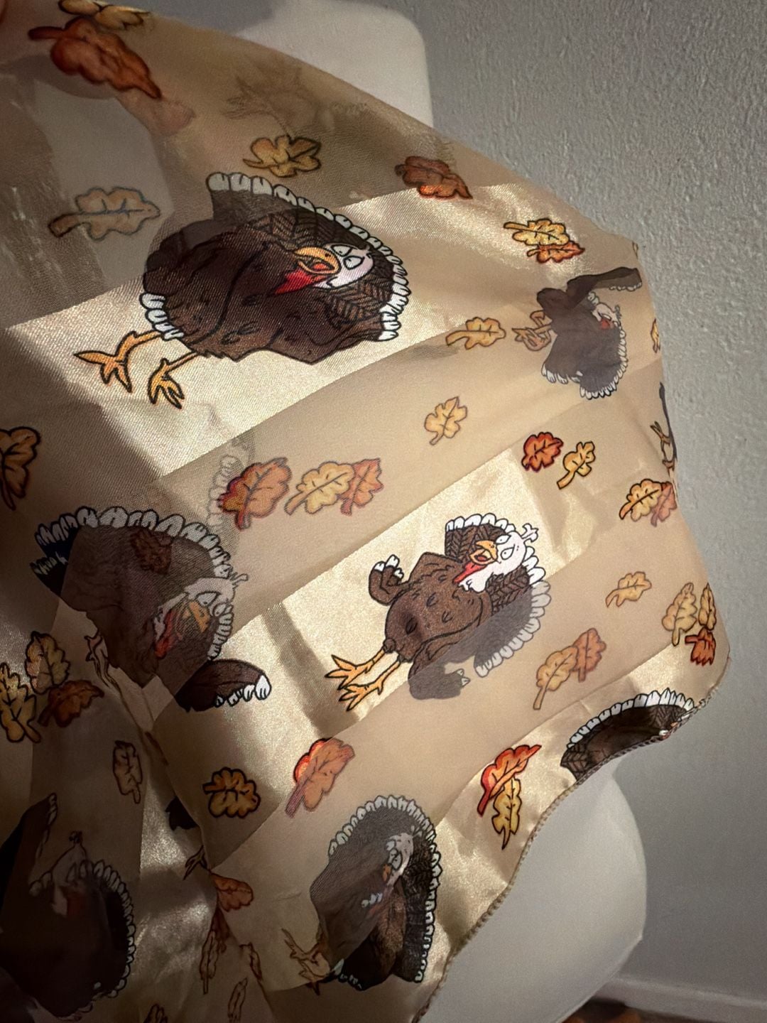 Vintage Thanksgiving Turkey and Fall Leaves Scarf Cream Satin 4
