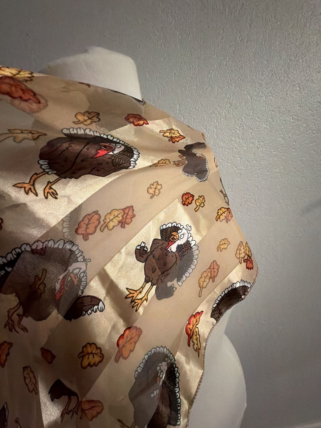 Vintage Thanksgiving Turkey and Fall Leaves Scarf Cream Satin 5