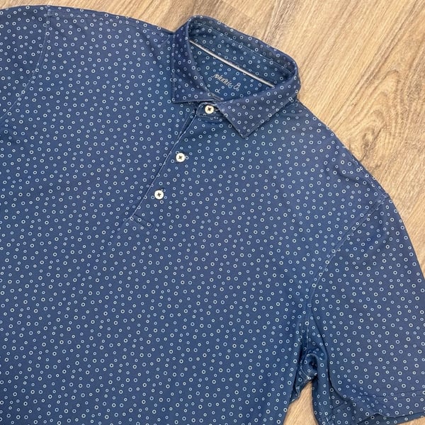 Johnnie-O Performance Jersey Polo Size L Blue Dot Print Golf Shirt