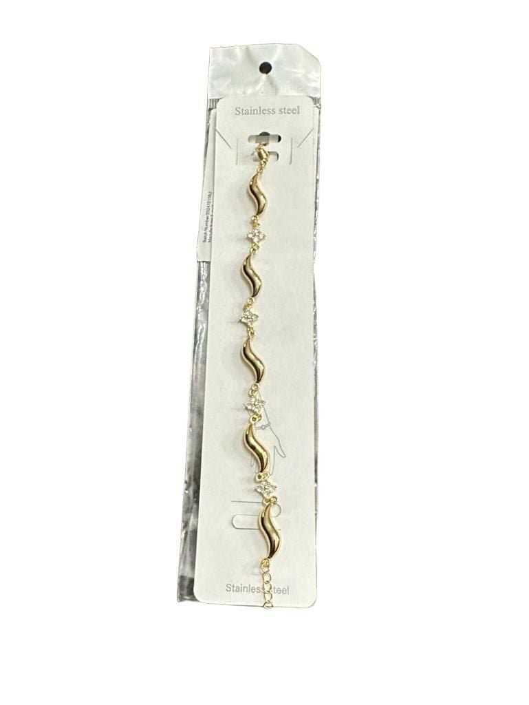 Stainless Steel Gold Wavy CZ Charm Bracelet - Gold 7