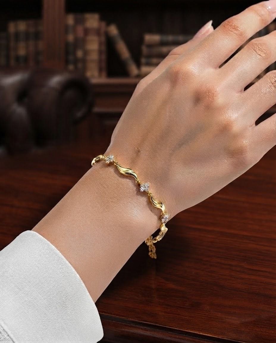 Stainless Steel Gold Wavy CZ Charm Bracelet - Gold 2