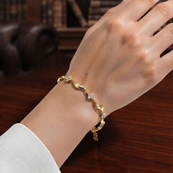 Stainless Steel Gold Wavy CZ Charm Bracelet - Gold
