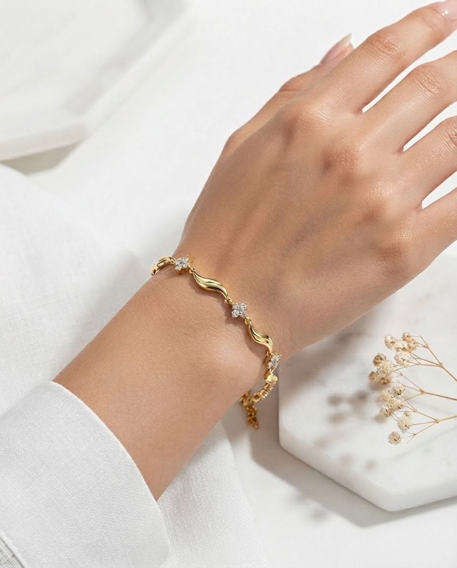 Stainless Steel Gold Wavy CZ Charm Bracelet - Gold 6