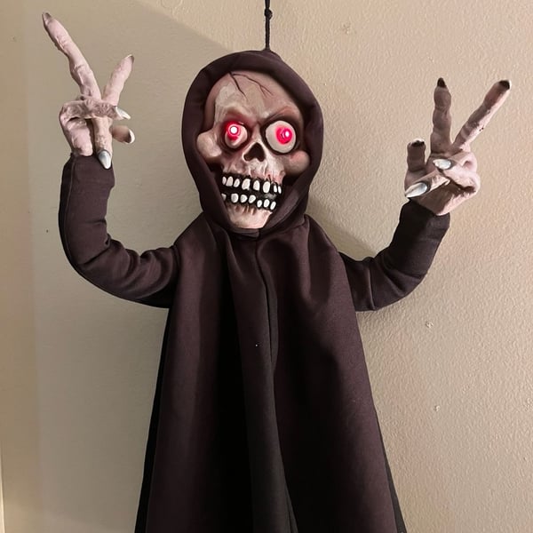  Halloween Hanging Grim Reaper Skull Prop Red Light Up Eyes Black Hooded Robe